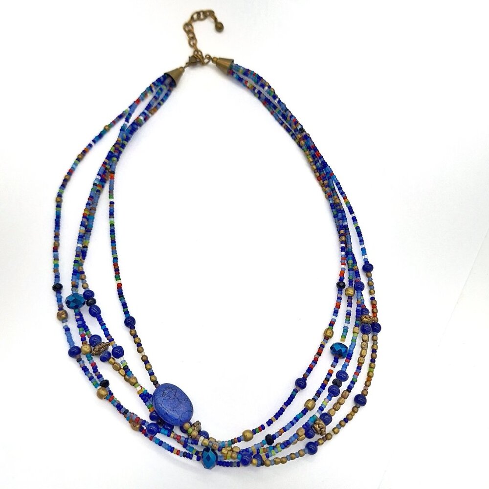 Multi Strand Blue Seed Bead Multicolor Necklace - Picture 8 of 11